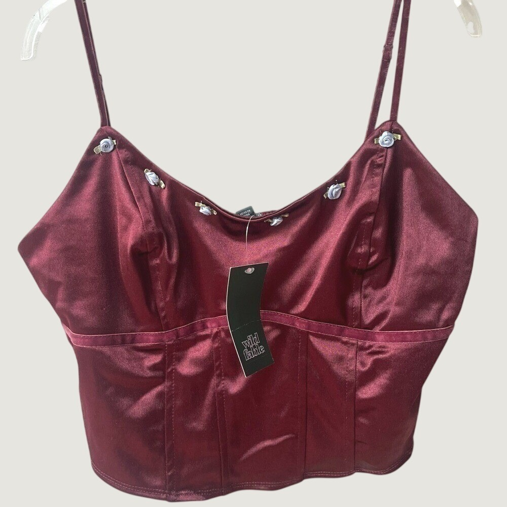 Wild Fable Rosette Satin Corset Crop Tank Top Womens Medium Burgundy Stretch NWT